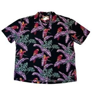 Paradise Found mens L Large black purple parrot floral magnum PI Hawaiian shirt